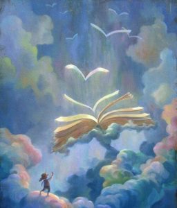 Libri che volano nel cielo e bambino